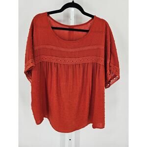 Womens Sz 2X Short Sleeve Boho Blouse Dark Coral w/ Crochet Trim